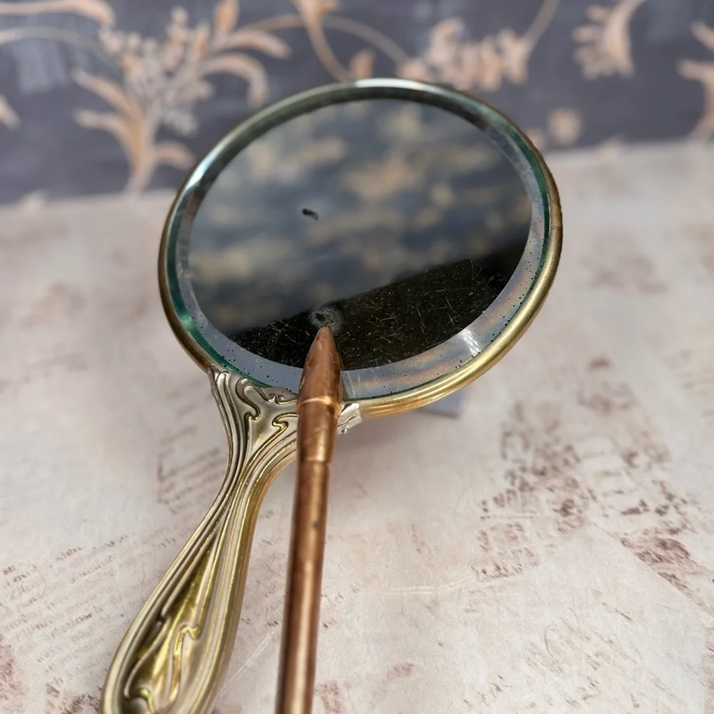 Antique Art Nouveau Repousse Vanity Hand Mirror Maiden Floral